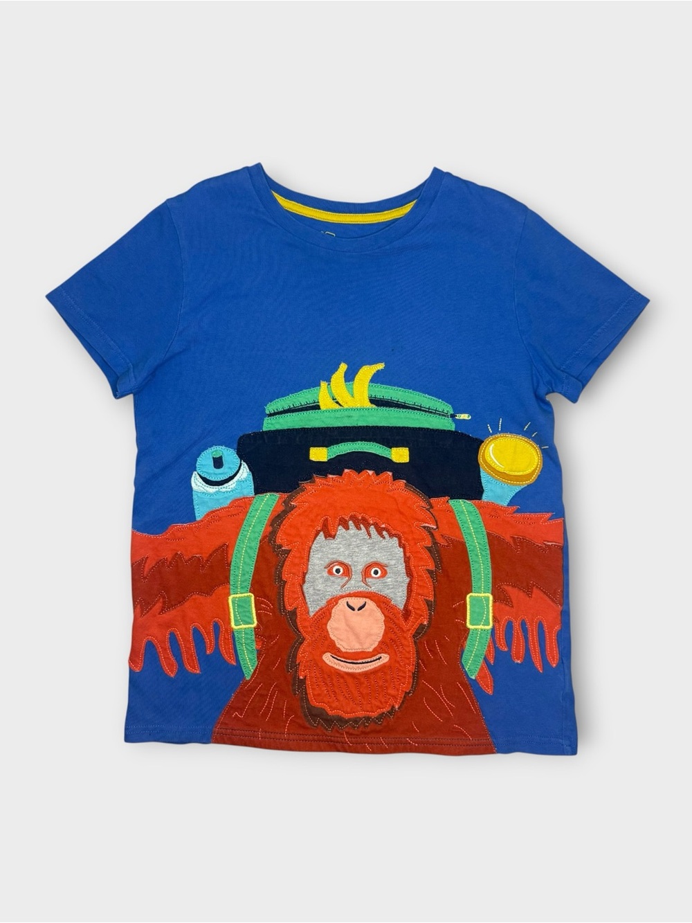 Mini Boden Orangutan Ape Backpack Applique Orange & Blue Shirt